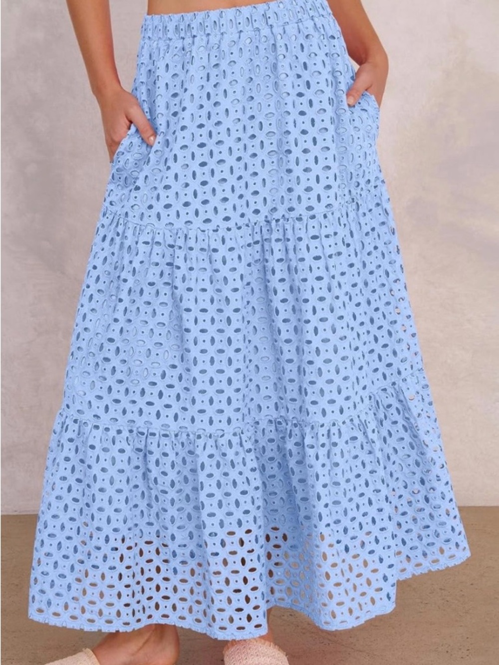 Rayon Maxi Skirt High Waist Tiered Eyelet A-Line Beach Vacation - Picture 2 of 7